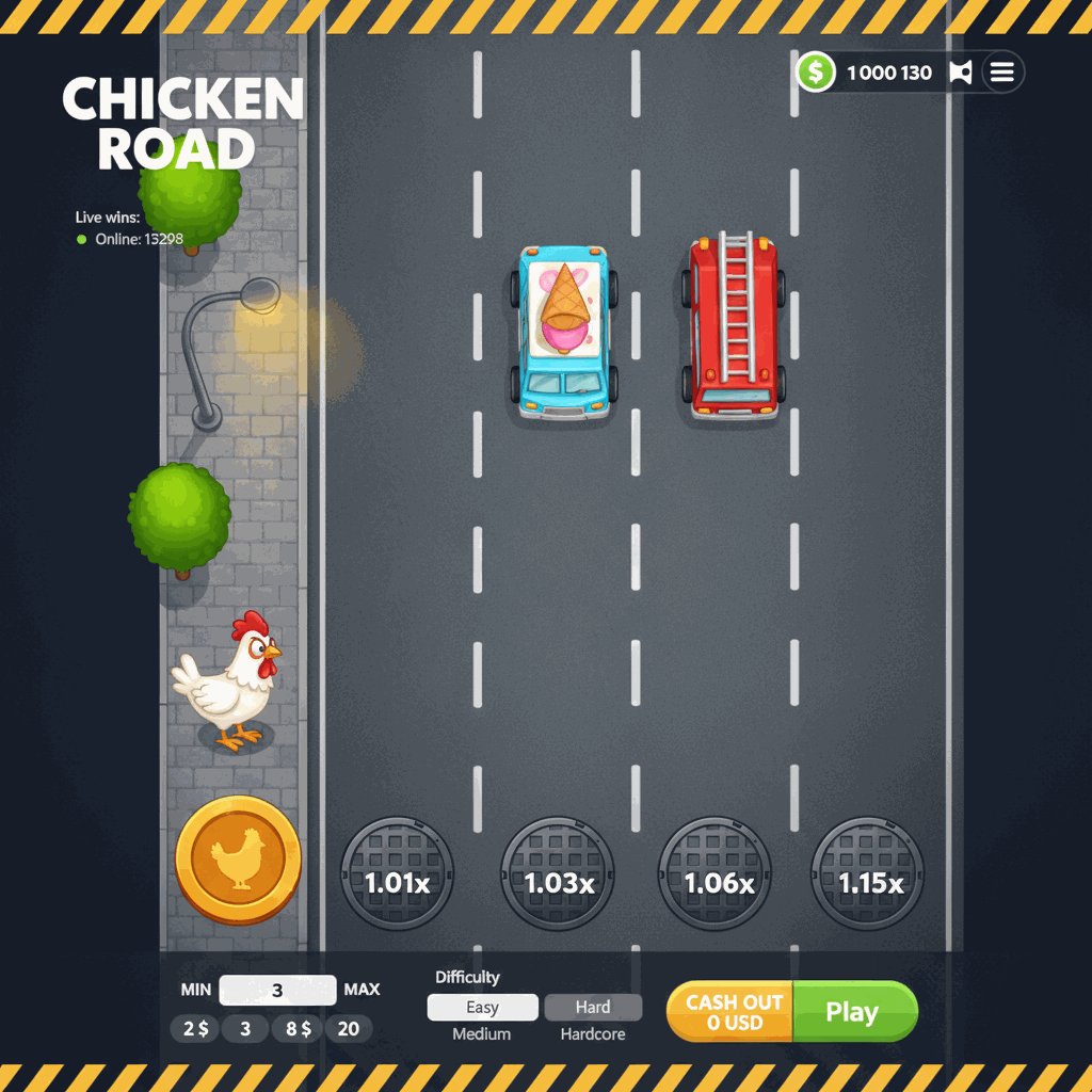 Chicken Road game screenshot showing a cartoon chicken character standing on an urban sidewalk preparing to cross a multi-lane road viewed from above, with white lane dividers, manhole covers displaying multiplier values, and a dark atmospheric night-time setting typical of crash-style instant games
